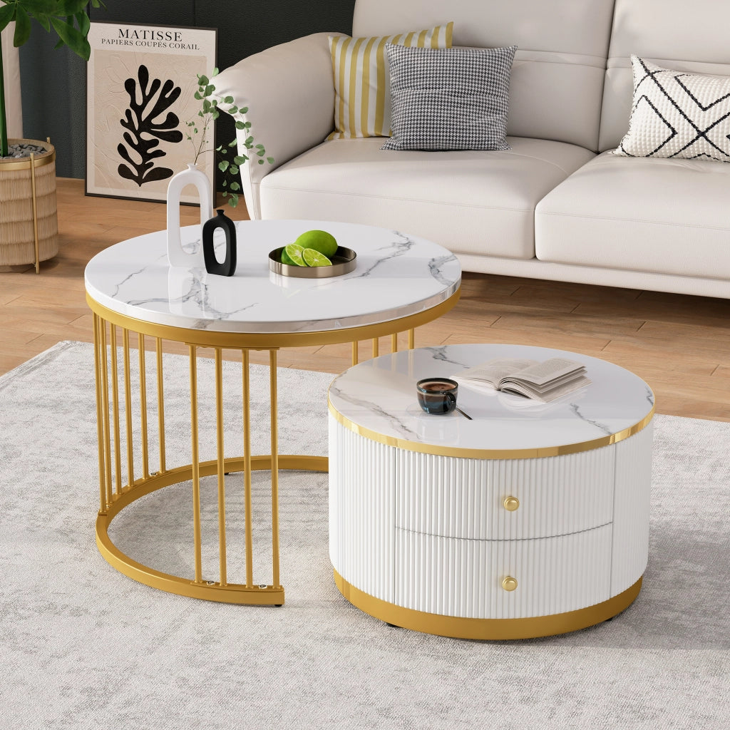 TAVOLINO DA SALOTTO Set 2 pezzi rotondo 60x60x45,5 cm e 50x50x32 cm MDF Bianco