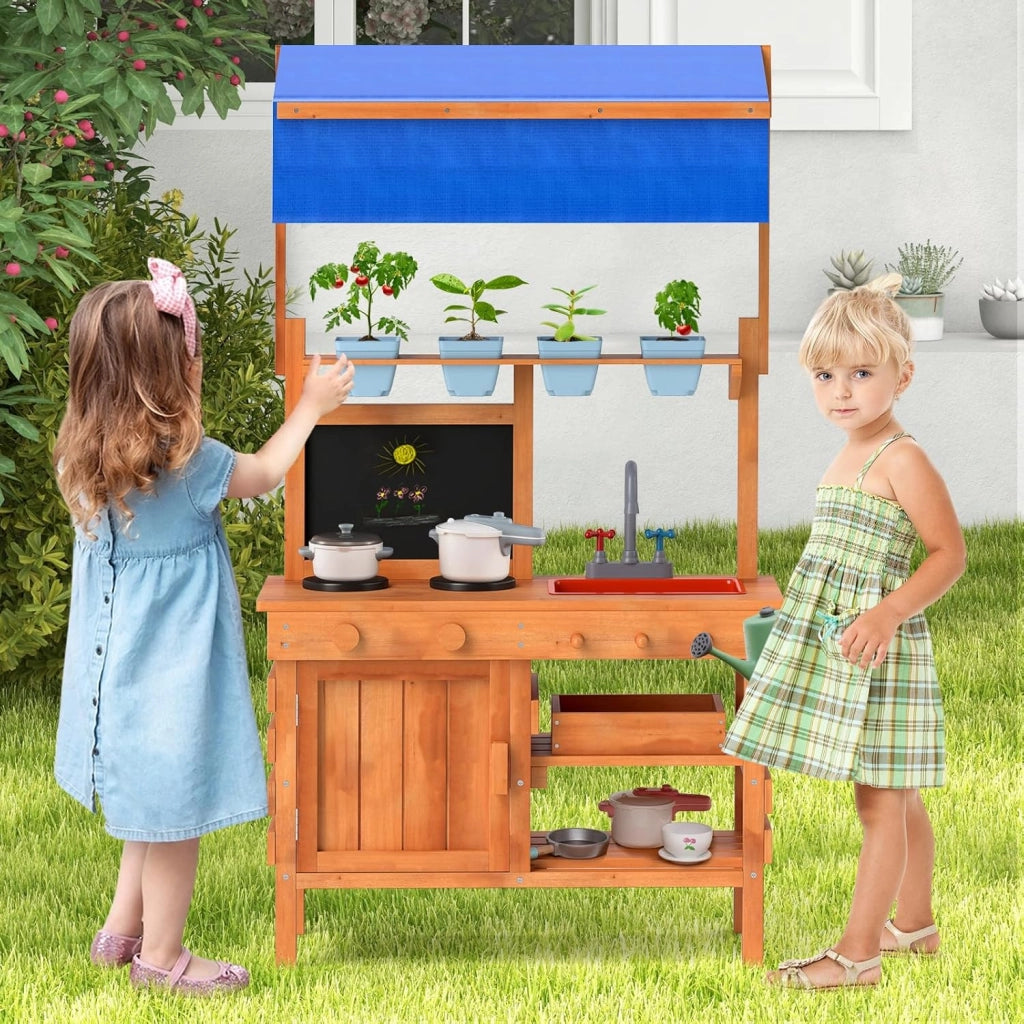 Cucina Giocattolo per Giardino con Attrezzi da Giardinaggio 2 in 1, Cucina per Bambini in Legno di Pino con Tettoia Regolabile, 4 Vasi e Lavagna, Set Cucina con 9 Accessori, 77 x 52 x 135 cm