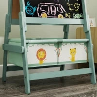 Lavagna per Bambini 3 in 1 con Cavalletto, Rotolo di Carta e 2 Cestelli, in Legno, 54x46x94 cm, Verde