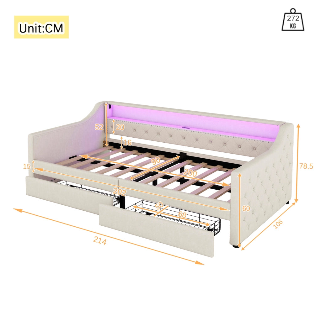 Letto da giorno 90x200 cm beige in lino e MDF con LED, USB e 2 cassetti