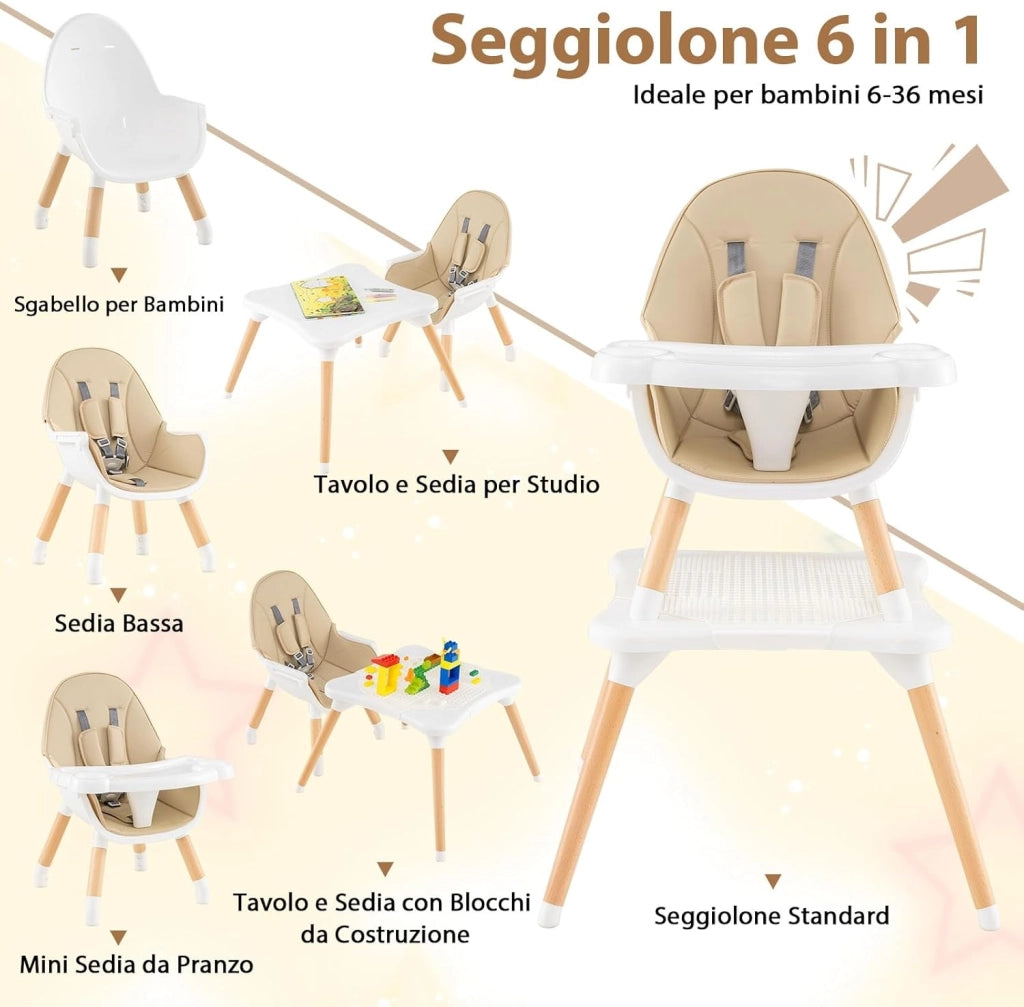 6-in-1 Seggiolone per Neonati, Seggiolone Prima Pappa, Tavolo e Sedia Convertibile per Bambini, Imbracatura di Sicurezza, Vassoio Rimovibile, per Bambini 6-36 Mesi (Beige+Bianco)