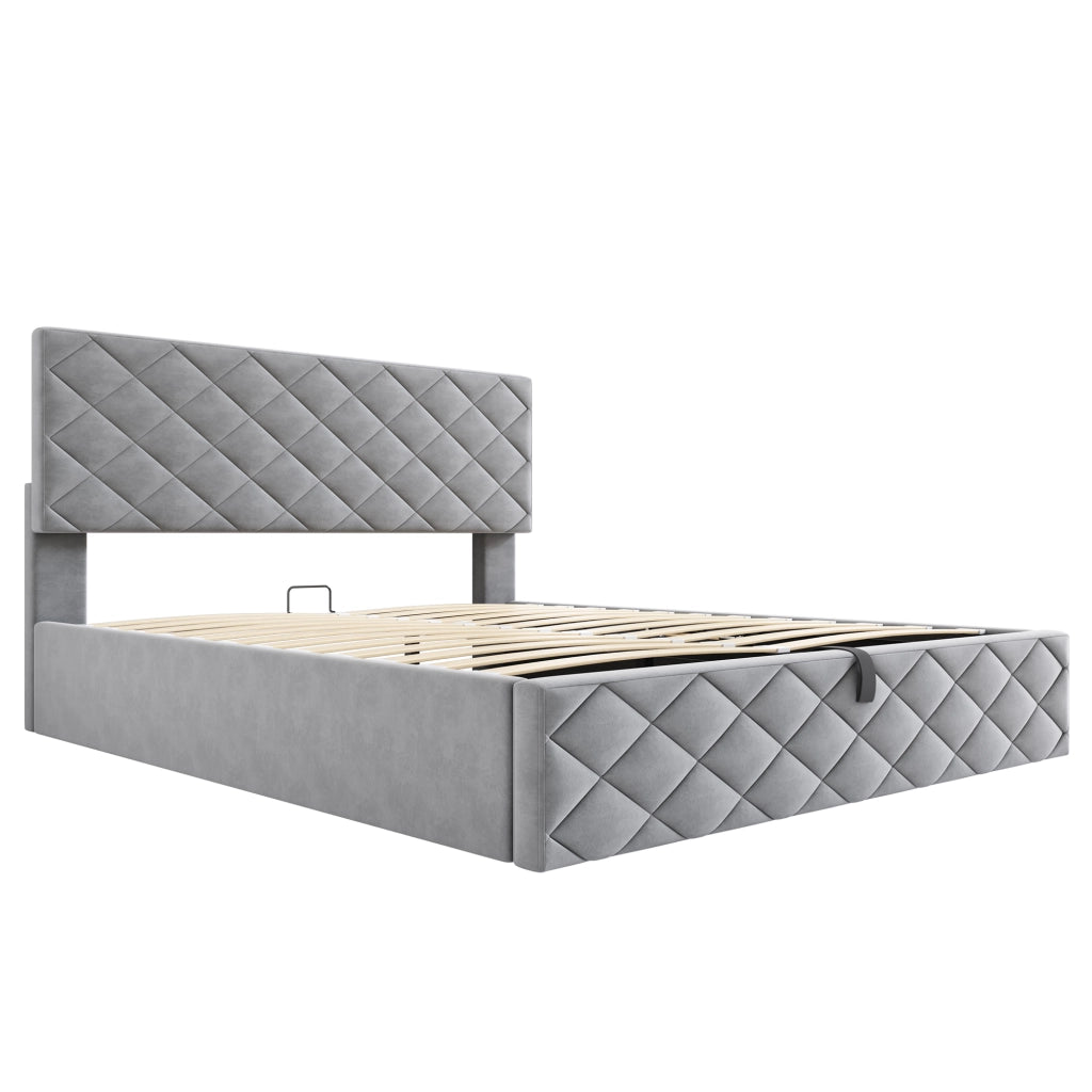 OKWISH Letto Contenitore 140×200 cm, Letto Matrimoniale con Sistema Idraulico, Vano Contenitore e Testiera, senza Materasso, in Velluto, Grigio