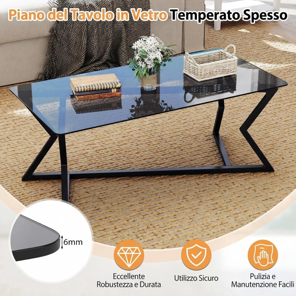 Tavolino da Salotto in Vetro, Tavolino da Caffè Rettangolare con Piano in Vetro Temperato e Struttura Geometrica in Metallo, Tavolo Basso Moderno per Soggiorno, Ufficio e Studio