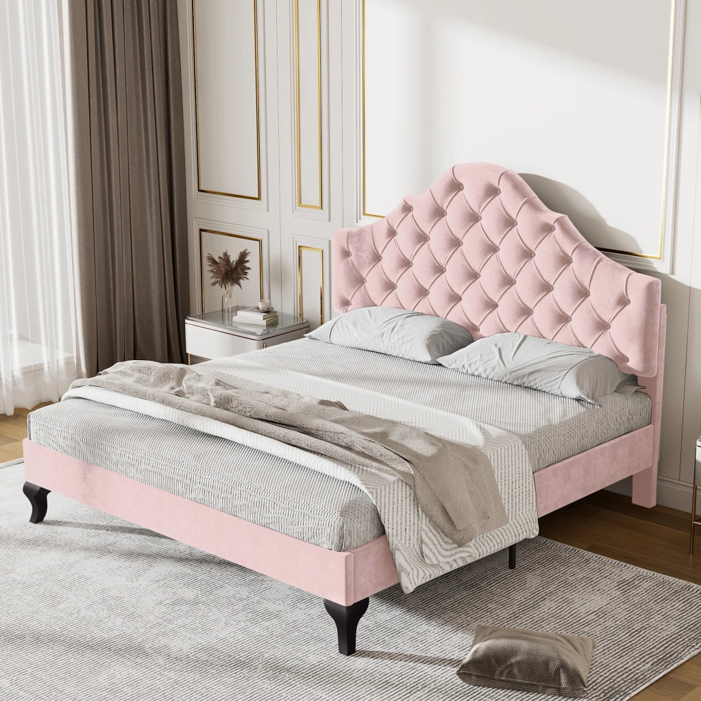 Letto imbottito 140x200 cm con rete a doghe e testiera regolabile; velluto rosa