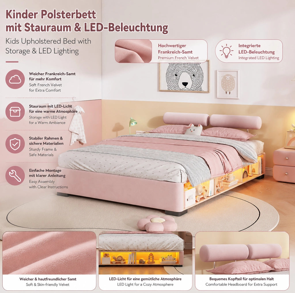 Letto Polster per Bambini Rosa 140x200 cm con Libreria Laterale e Luce a LED