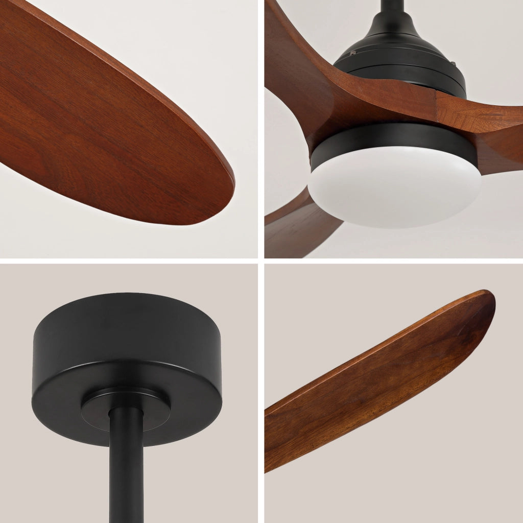 Ventilatore da soffitto 52 pollici a 3 pale con luce LED integrata; nero e noce scuro
