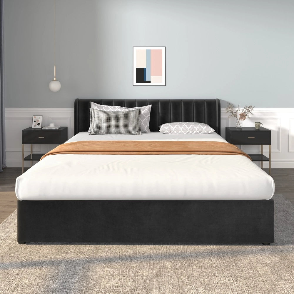 Letto Imbottito in Velluto con Cassetti e Rete ¨C MINIMAL ¨C Nero 180x200