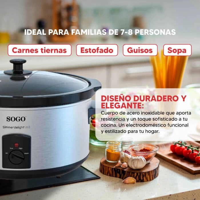 Pentola slow cooker elettrica 5,5L 260W con recipiente in ceramica e 3 programmi, per cottura lenta 7-8 persone - Sogo