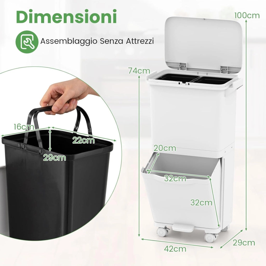 40L Pattumiera Differenziata a 3 Scomparti, Bidone per Spazzatura con Cestino Rimovibile e 4 Ruote, Secchio Rifiuti a Pedale per Cucina Sala da Pranzo Soggiorno (Bianco)