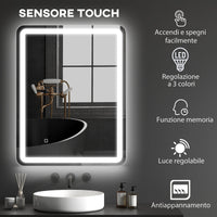 Specchio Bagno 70x90 cm LED Touch con Luce Dimmerabile a 3 Temperature e Antiappannamento