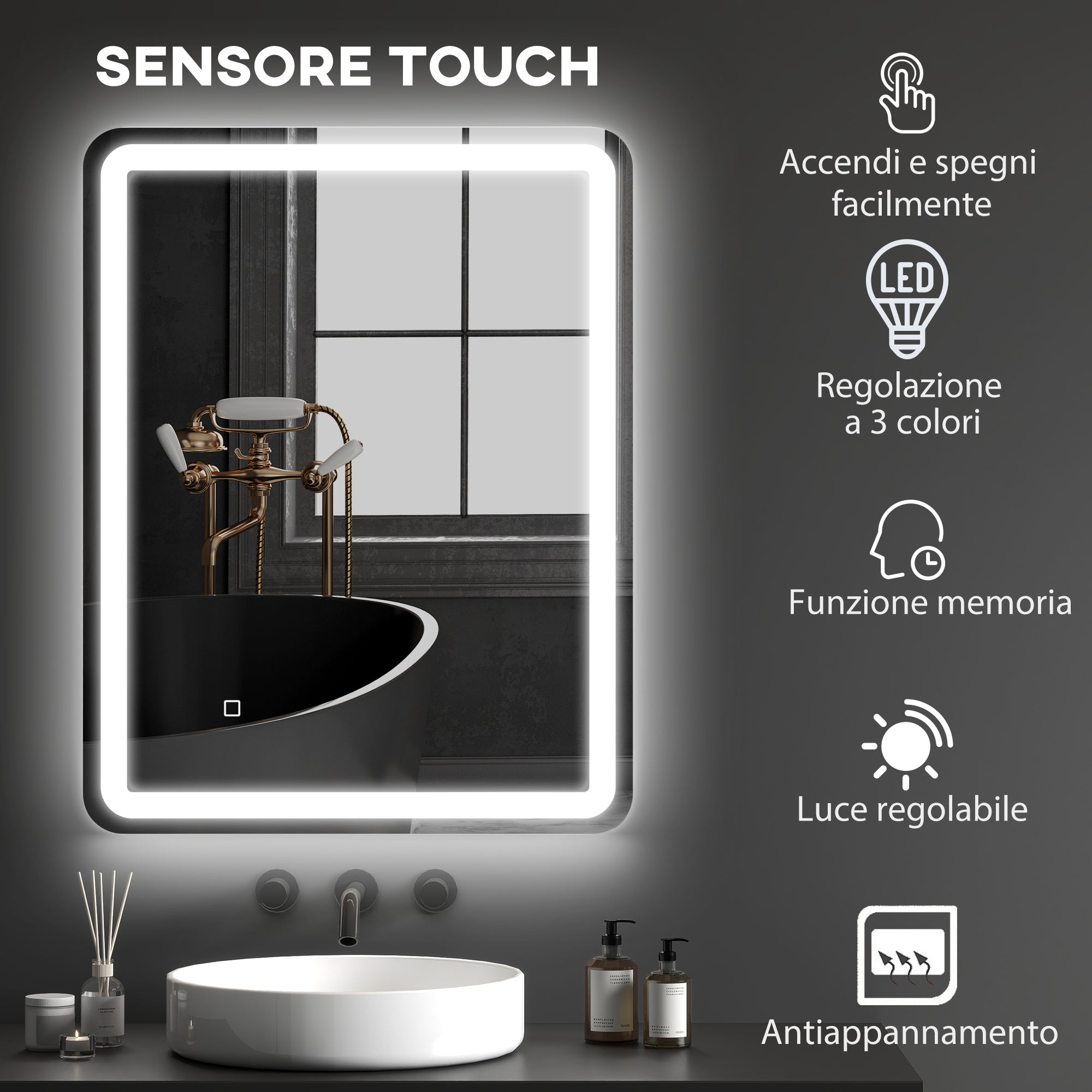 Specchio Bagno 70x90 cm LED Touch con Luce Dimmerabile a 3 Temperature e Antiappannamento