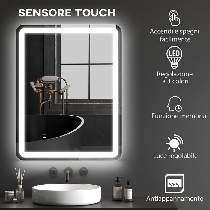 Specchio Bagno 70x90 cm LED Touch con Luce Dimmerabile a 3 Temperature e Antiappannamento