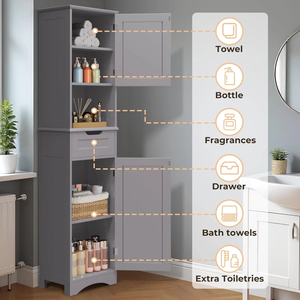 Armadio da bagno alto,Colonna Bagno Stretta con ripiani regolabili, cassetto, scomparto aperto, ante magnetiche e antiribaltamento, 170 x 40 x 30CM Grigio