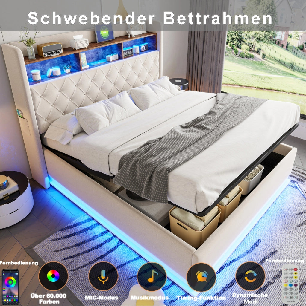 Letto imbottito LED 180x200 cm beige con USB e vano contenitore