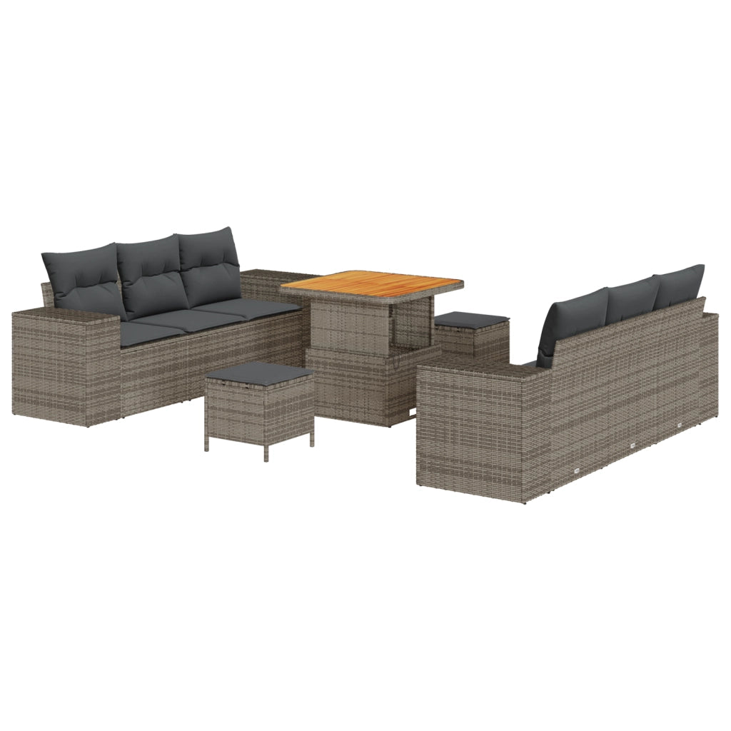 Set da giardino con 9 pezzi e cuscini in grigio poly rattan e acacia