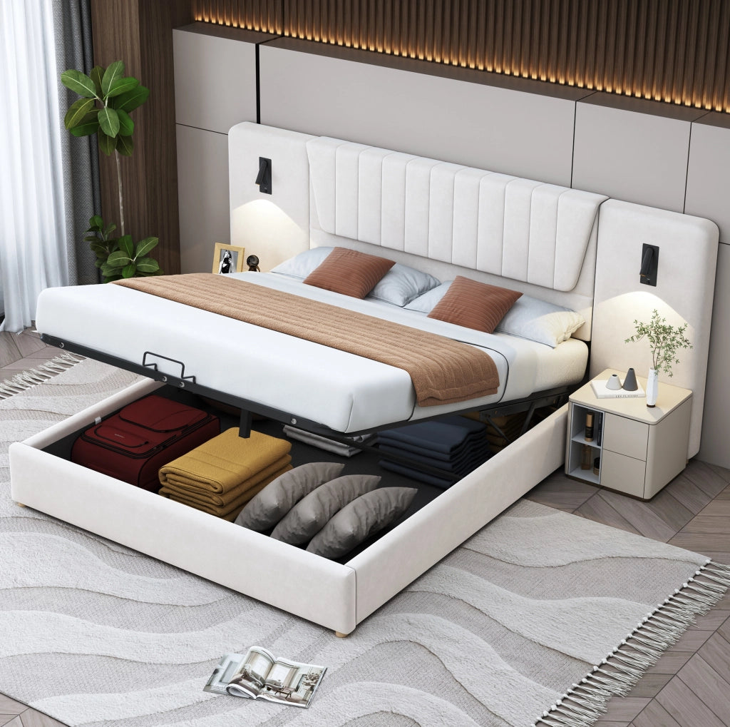 Letto matrimoniale imbottito 180x200 cm in velluto beige con testiera alta; lampade LED e USB