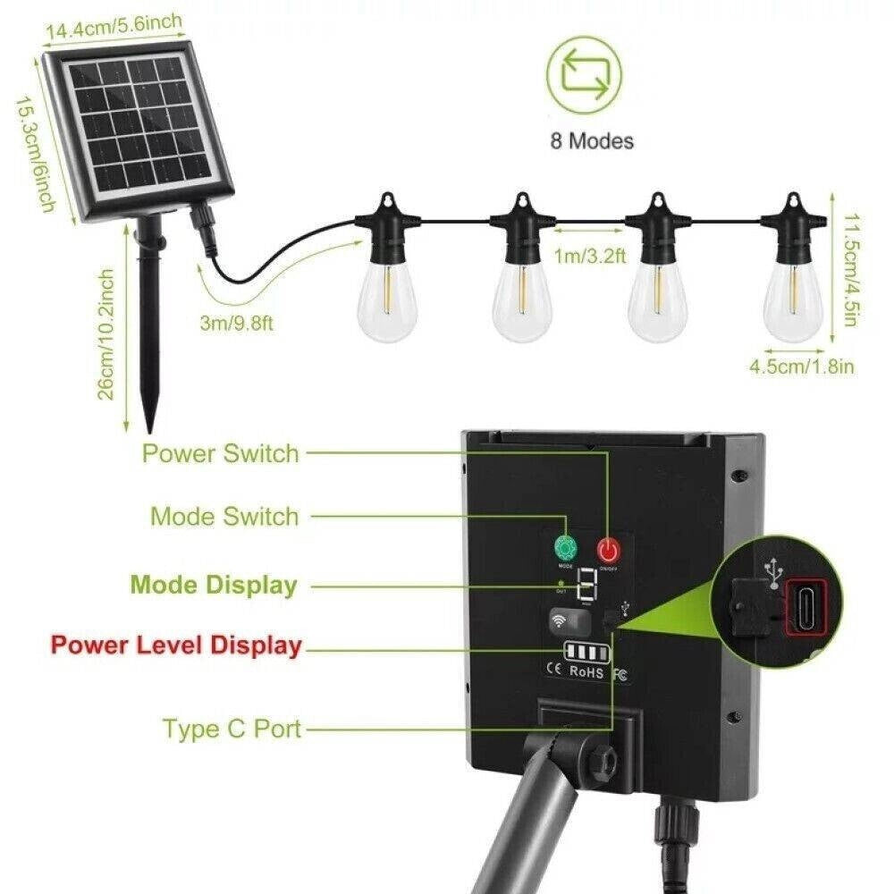 Trade Shop - Catena Luminosa Solare Da Esterno Giardino 10 Mt 10 Lampadine Luce Rgb Mz-lxy -