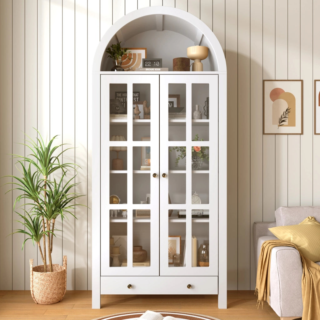 Vetrina alta ad arco 75x35x170;5 cm in MDF bianco con ante in acrilico trasparente e cassetto
