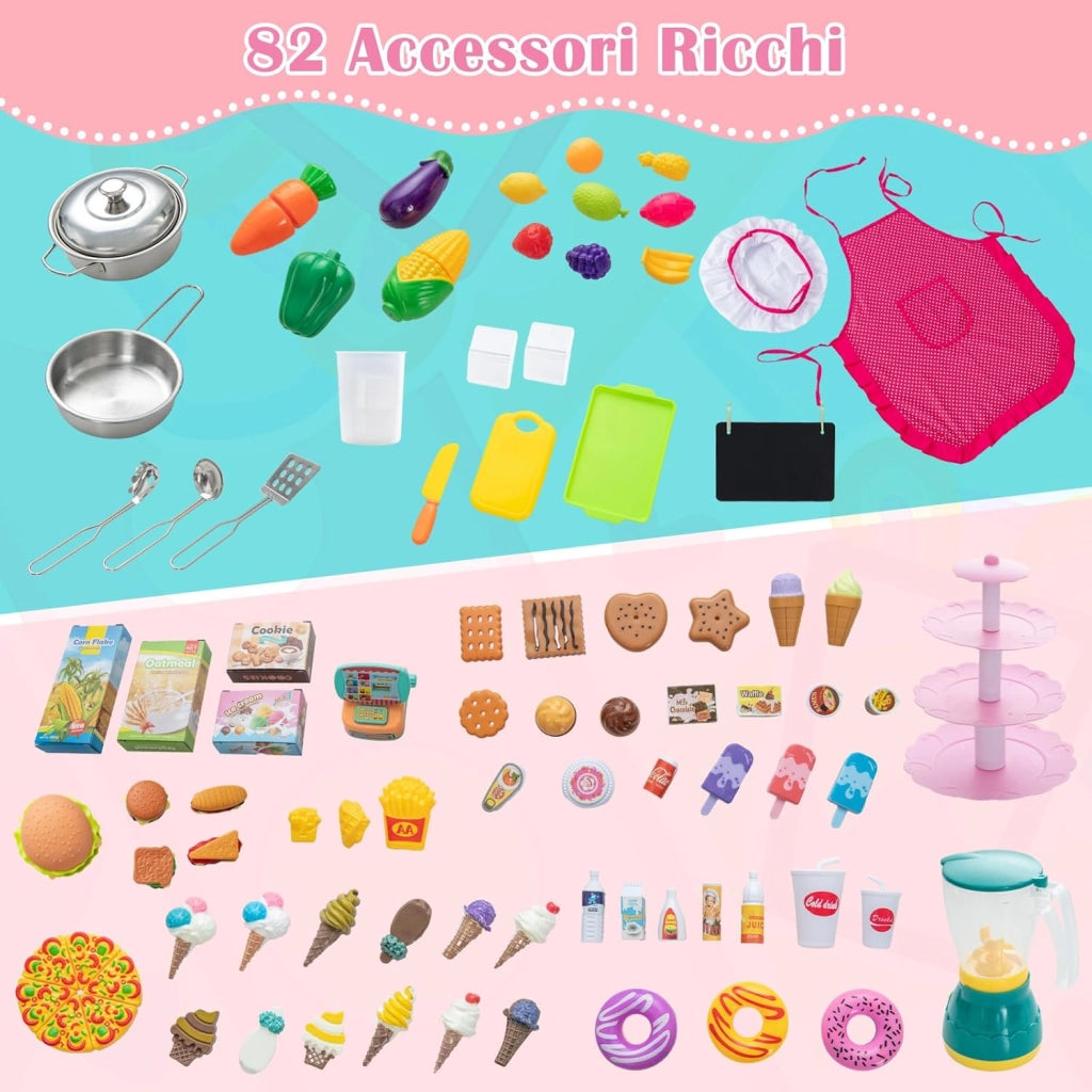 Cucina e Mercato per Bambini 2 in 1, Cucina Giocattolo per Bambini con Luci e Suoni, Produttore di Ghiaccio e Lavagna, Ideale per Bambini 3 Anni+