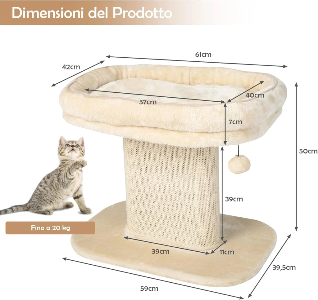 Tiragraffi per Gatti, Albero con Grande Cuccia in Peluche e Sisal, Palla, da Divano in Legno per Gatti Piccoli, Portata 20 kg (Beige)