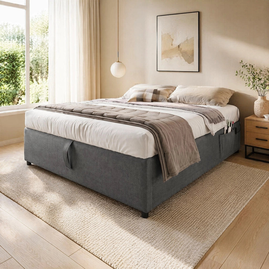LETTO Contenitore 140x200 cm Grigio in lino con USB e Type-C