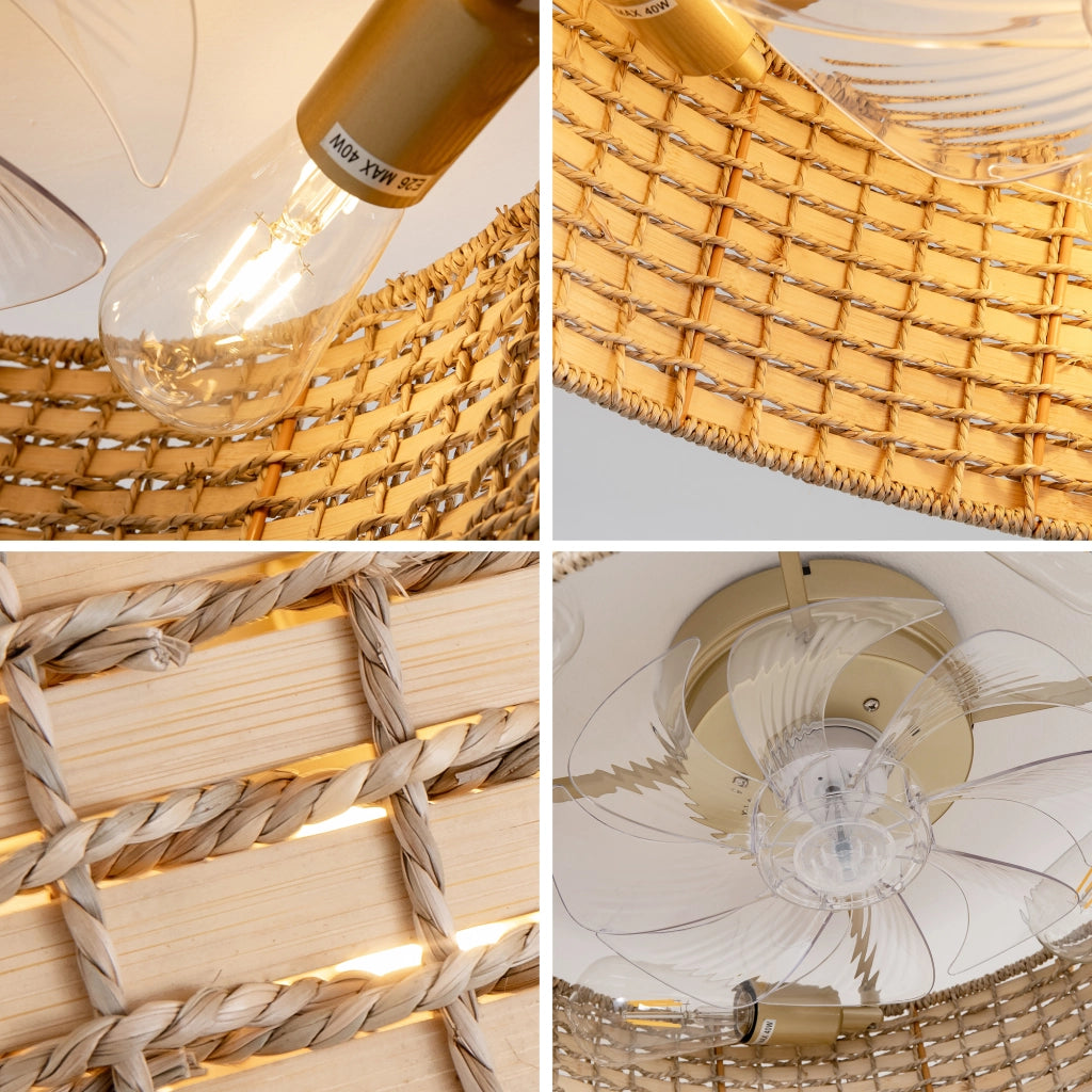 Ventilatore da soffitto con luce in rattan 53 cm; 6 velocità; rame