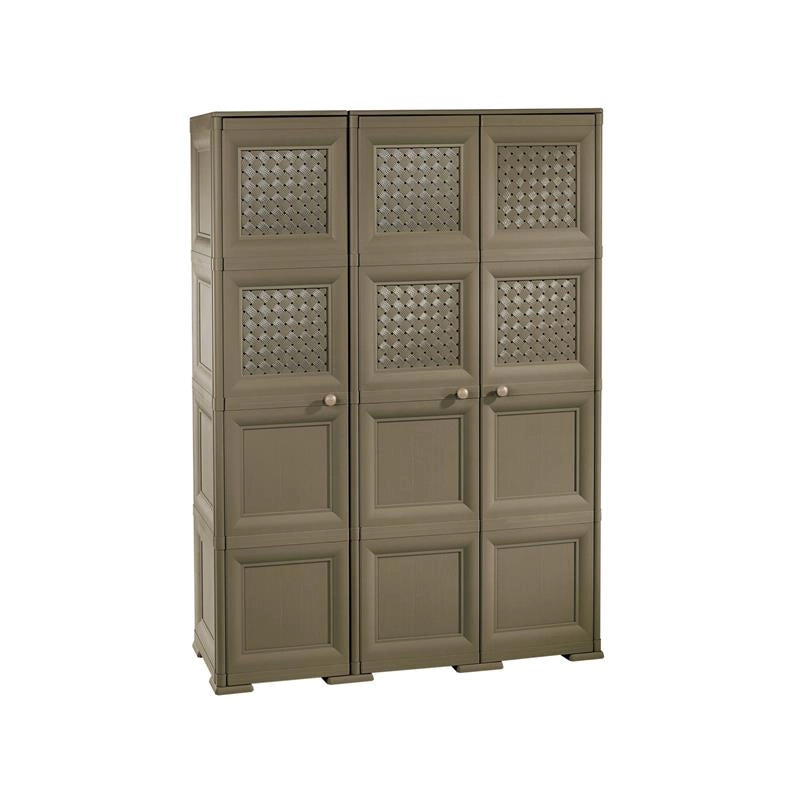ARMADIO 3 ANTE WENGÉ 118X43X164 CM CON PUNTALI, ANTE TRAFORATE E VANO PORTASCOPA – MOBILE ALTO ORGANIZZATORE PER INGRESSO E RIPOSTIGLIO