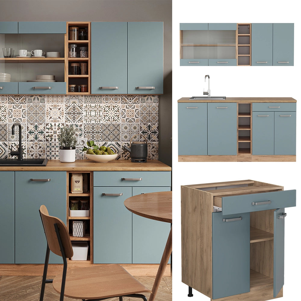 Vicco Cucina completa Rovere blu-grigio/oro 160 cm , PL Antracite