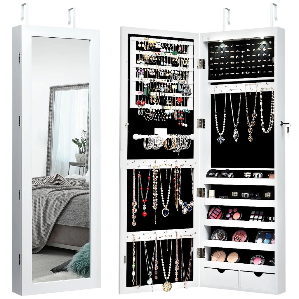 Armadio per gioielli con specchio e luci LED, Organizer al muro o sulla porta con ganci regolabili Bianco-Armadietti per gioielli