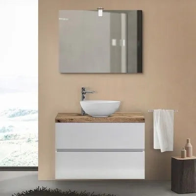 Mobile bagno sospeso 80 Town bianco top rovere naturale per lavabo d'appoggio