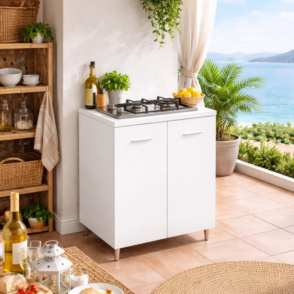 Mobile Mini Cucina 60x40 h85 con Piano Cottura Gas 2 Fuochi Gpl Acciaio Bianco