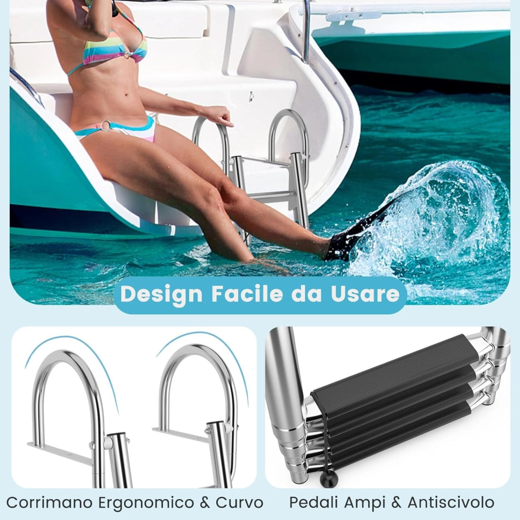 Scaletta per Piscina con 4 Gradini, Scala per Barca Pieghevole con Corrimano e Gradini Antiscivolo, Multisuo, in Acciaio Inox, Carico 227 kg