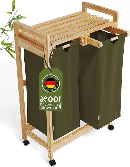 Cestino per la spazzatura con 2 cassetti su ruote - Verde - 100% cotone e bambù - 60 l di capacità - Raccoglitore per la spazzatura - Sistema di sorteggio - Cestino in legno per la spazzatura