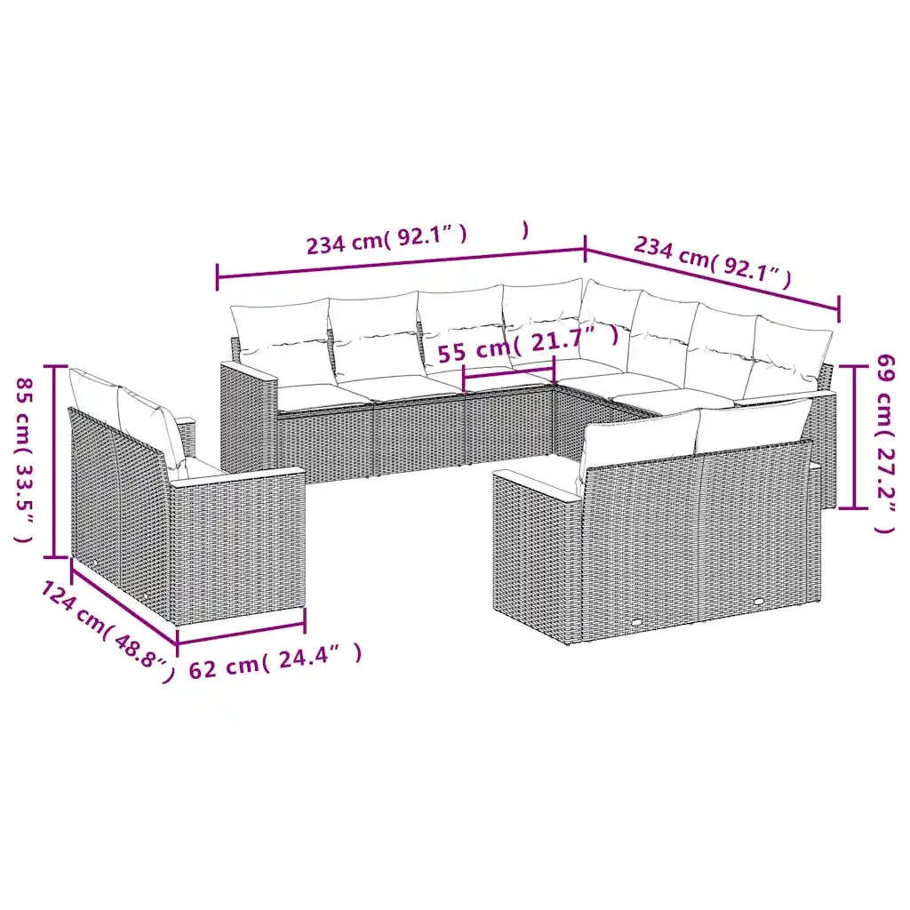 Set Divani da Giardino 11 pz con Cuscini Grigio in Polyrattan 3226502