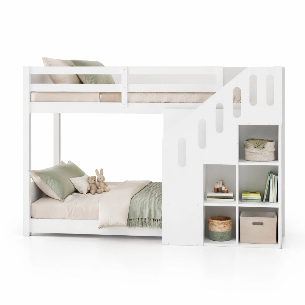 Letto a castello multifunzionale con scala contenitore e sponde, 90x200 cm, bianco, senza materasso