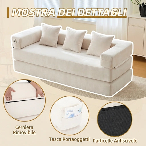Divano modulare in ciniglia 198 cm beige con tasche laterali e base antiscivolo
