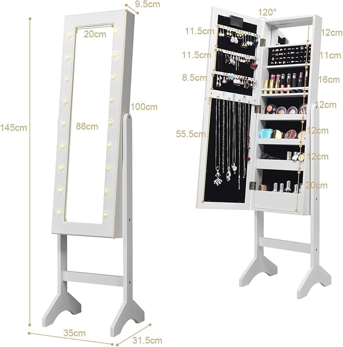 Portagioie Armadietto Specchiera con 18 Luci LED, Specchio a Figura Intera, Organizer per Gioielli Moderno Elegante, 145x35x31,5cm (Bianco)