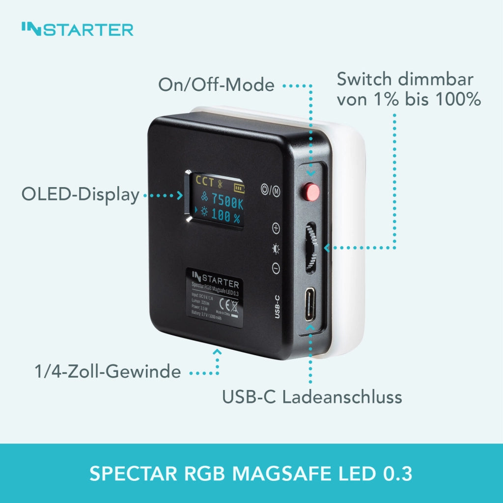 Instarter Mini LED RGB Luce per smartphone, fotocamera, fotografia, videochiamate, streaming, temperatura di colore 3200-7500K
