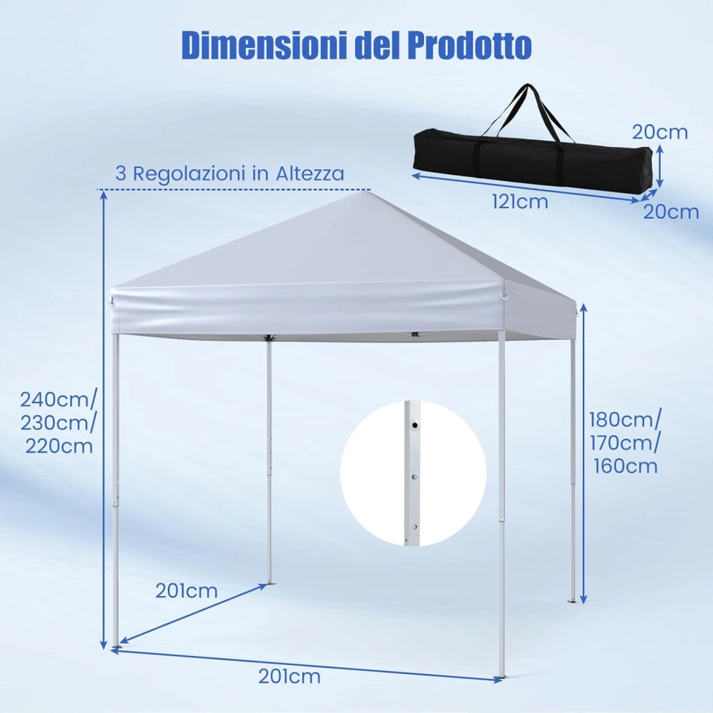 Gazebo Pop-up da Esterno 201 x 201 cm, Gazebo Regolabile in Altezza con Borsa da Trasporto, 8 Picchetti e 4 Corde Antivento, Tenda Pieghevole Portatile per Giardino (Bianco)