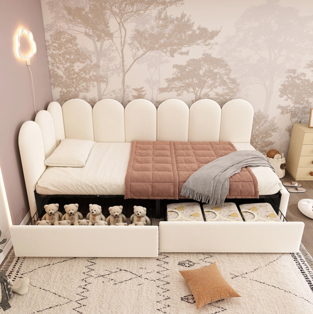Letto singolo imbottito in velluto beige 90x200 cm con 2 cassetti