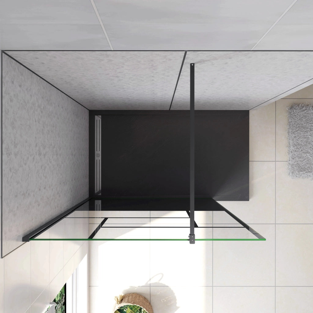 Doccia Walk In Parete Fissa Vetro Temperato 8 mm Anticalcare 90x200cm Semitrasparente Riquadri Nero Serigrafato Barra Stabilizzatrice da 140 cm