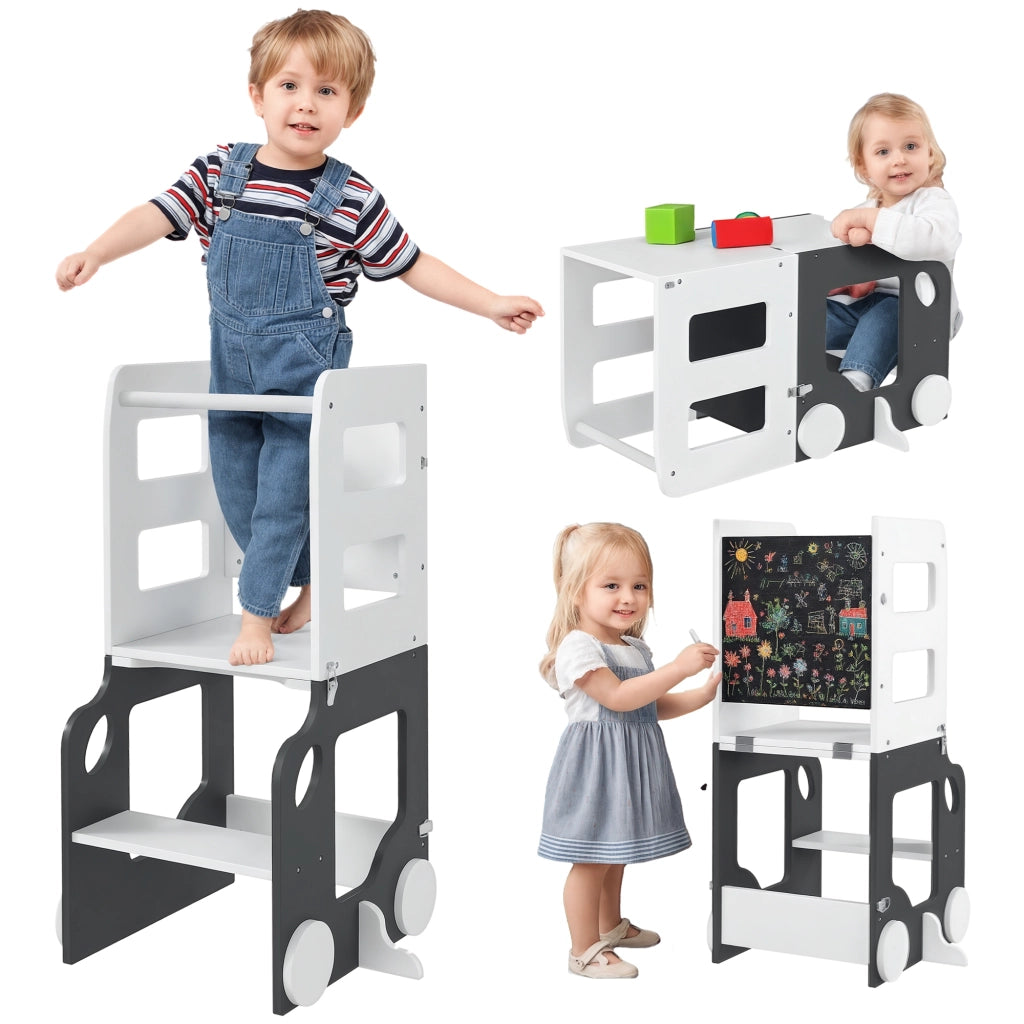 Scala Montessori 4 in 1 per Bambini con 2 Lavagne e Set Tavolo e Sedia, in Legno, 58x46x92 cm, Bianco