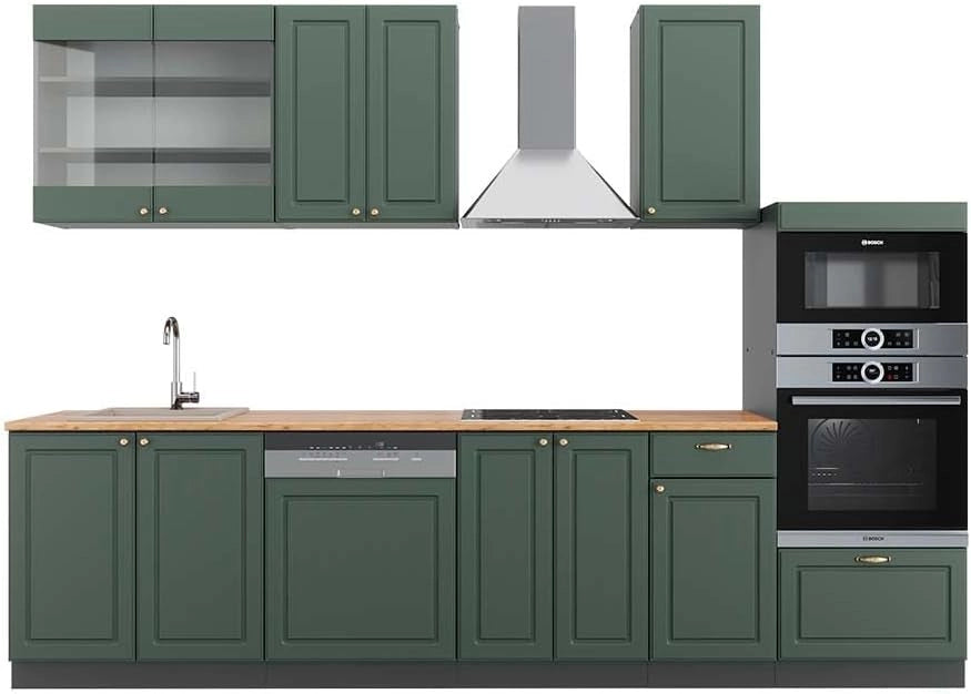 Cucina componibile Fame-Line, Verde-oro Country House/Antracite, 300 cm con armadio alto, PL Rovere, espandibile con moduli aggiuntivi e disposizione variabile