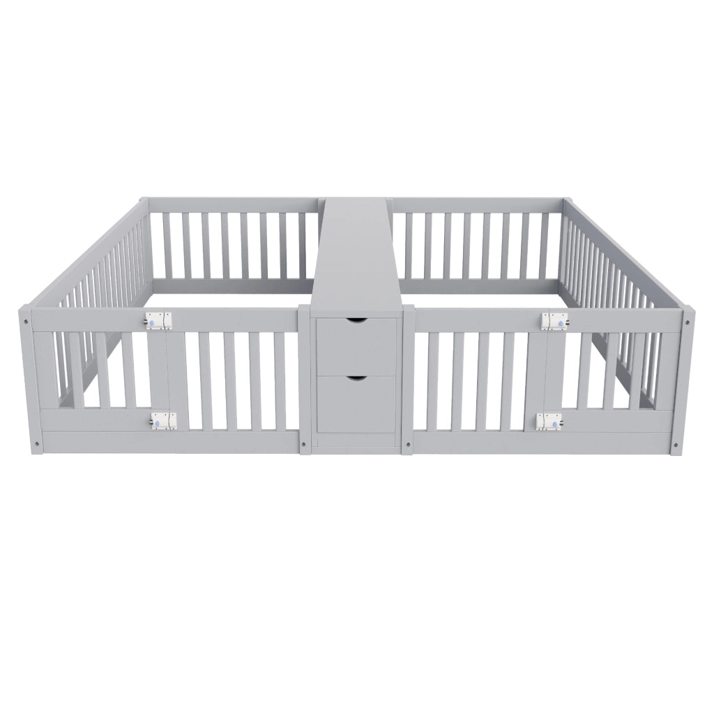 Letto a castello basso per bambini 90×200 cm con sponde alte; ripiani e 2 cassetti; senza materasso; legno; grigio