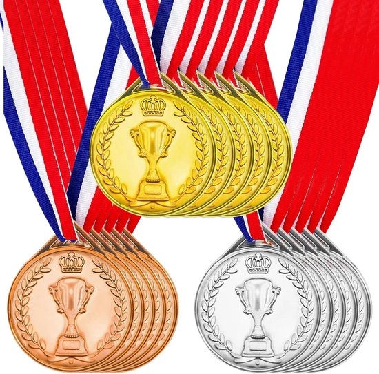 Medaglie in metallo giallo, argento e bronzo - 15 pezzi - Decorazioni per feste - Premi sportivi - Giochi e competizioni