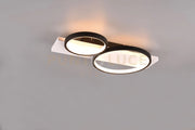 MEDERA PLAFONIERA 2 CERCHI METALLO NERO BASE LEGNO BIANCO CON DIMMERAZIONE AD INTERRUTTORE L. 54CM LED 26W 3000lm, 3000K