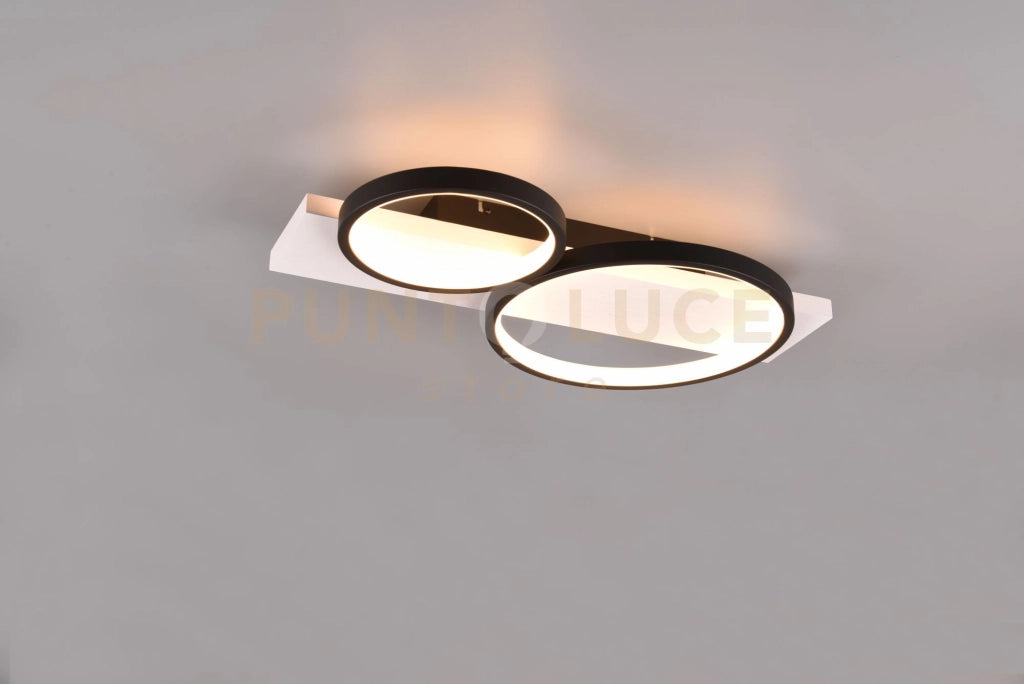 MEDERA PLAFONIERA 2 CERCHI METALLO NERO BASE LEGNO BIANCO CON DIMMERAZIONE AD INTERRUTTORE L. 54CM LED 26W 3000lm, 3000K