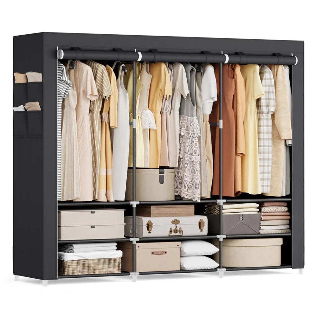 Armadio per camera da letto in tessuto appendiabiti 45 x 127 x 176 cm 2 scomparti appendiabiti con ripiani 4 tasche grande capacità per camera da letto/soggiorno nero 12_0003968