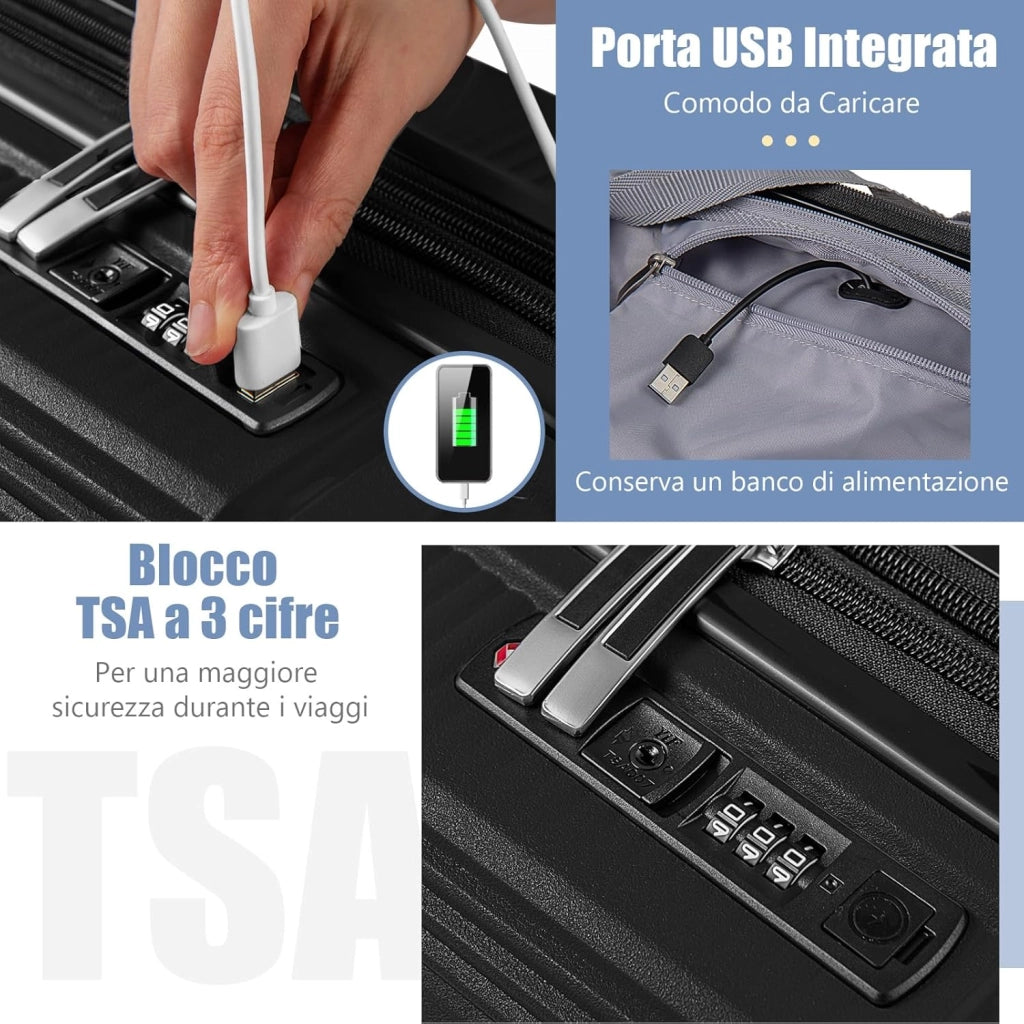 Valigia Bagaglio a Mano 20" con Beauty Case da Viaggio 14", Trolley Bagaglio a Mano con Lucchetto TSA, Porta USB, Ruote Girevoli e Manico Regolabile (Con Beauty + Nero)