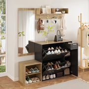 Set ingresso 4 pezzi con scarpiera, panca, appendiabiti da parete e specchio, design salvaspazio in colore Naturale + Nero